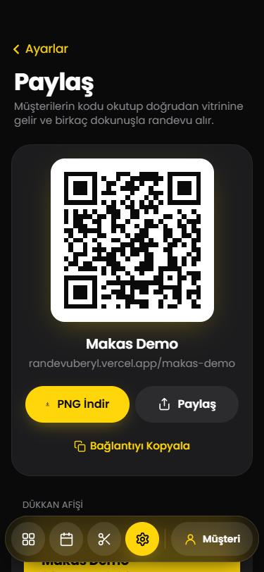 Panelde QR kod ve paylaşım ekranı