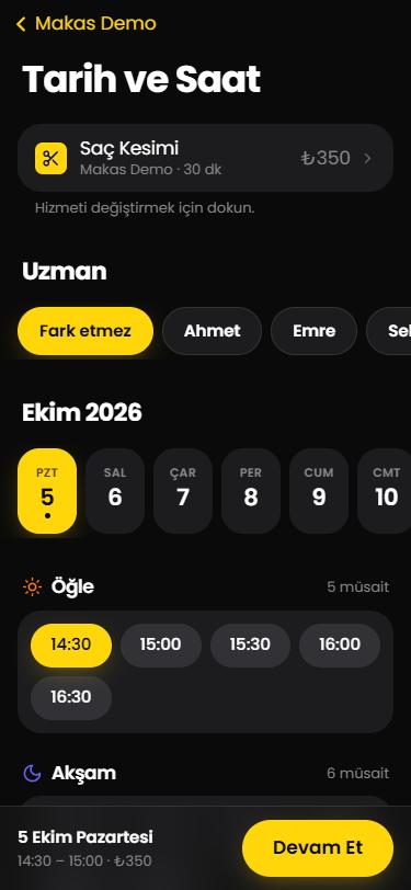 Müşterinin tarih ve saat seçtiği ekran